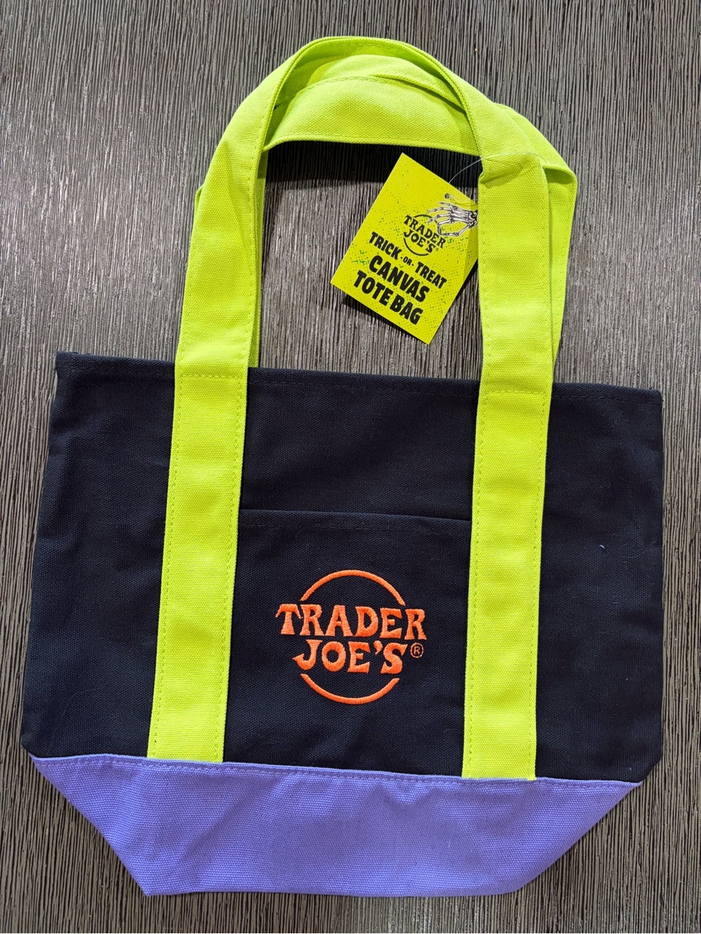 Trader Joe’s Halloween  Black & Neon Green Mini Canvas Tote Bag with Purple Base